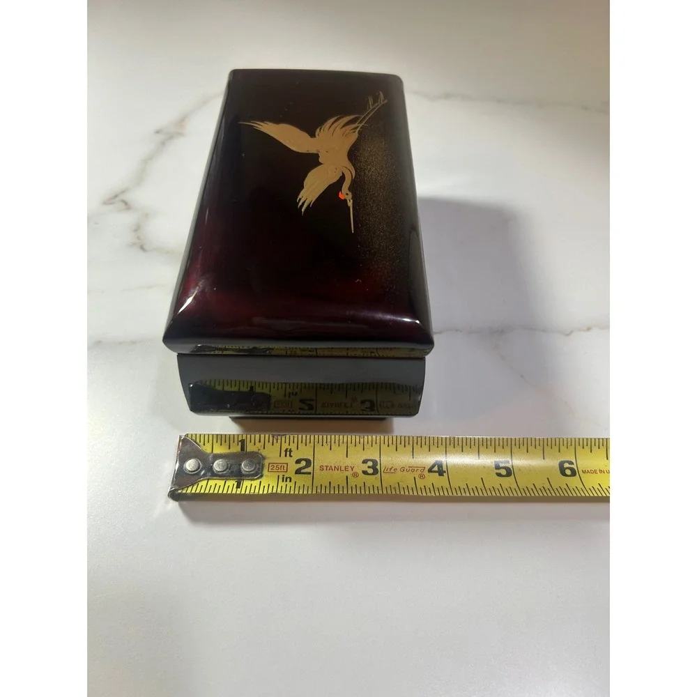 Vintage Japanese Lacquerware Music Jewelry Box Gold Crane Red Velvet Mirror